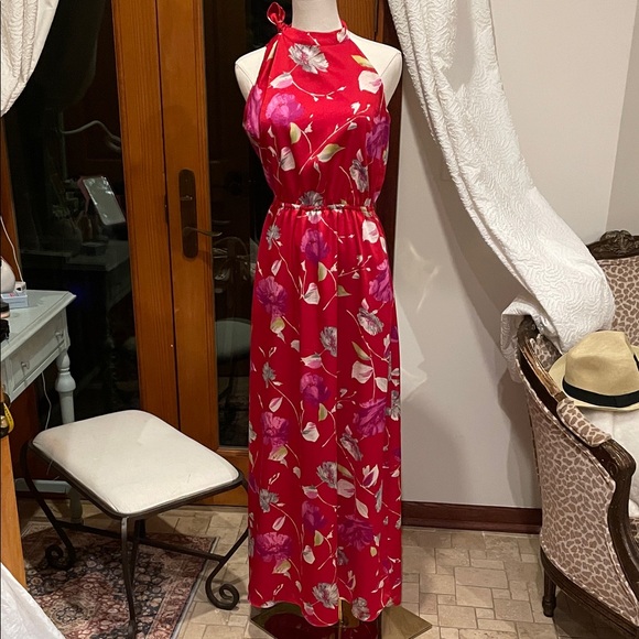 Banana Republic Red and White Floral Dress XS EUC Maxi Lined Pockets - Picture 4 of 13